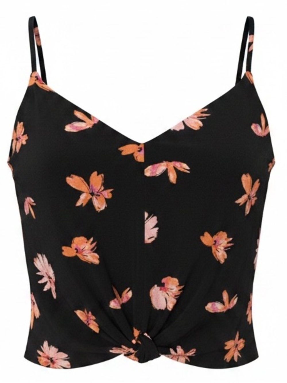 LUSH Floral Front Knot Cami Cropped Camisole Top Black w/Orange Floral SZ M